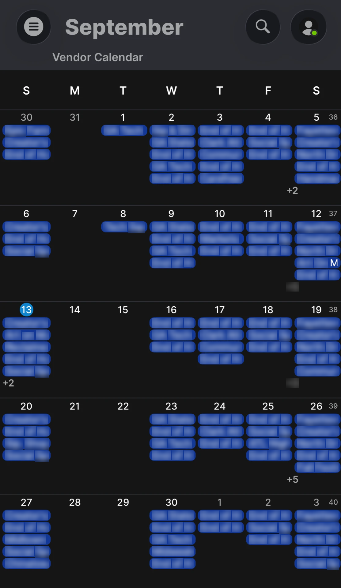 Vendor Calendar month view showing September events